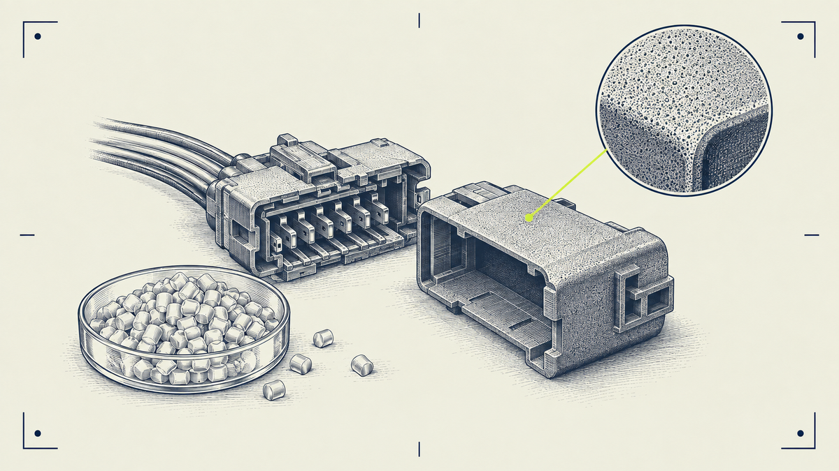 Editorial illustration of an electrical connector, a separate polymer housing and resin pellets.