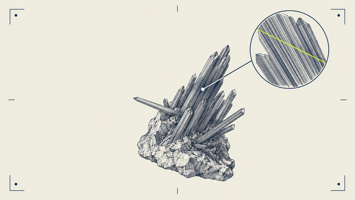 Fine-line editorial illustration of a generic stibnite crystal specimen; not a mine-specific sample.