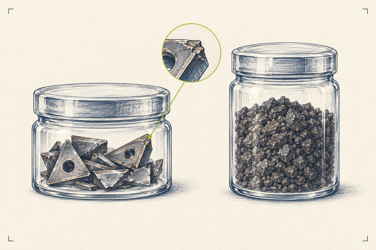 Accepted editorial illustration comparing tungsten-carbide inserts with granular tungsten feed in labelled containers.
