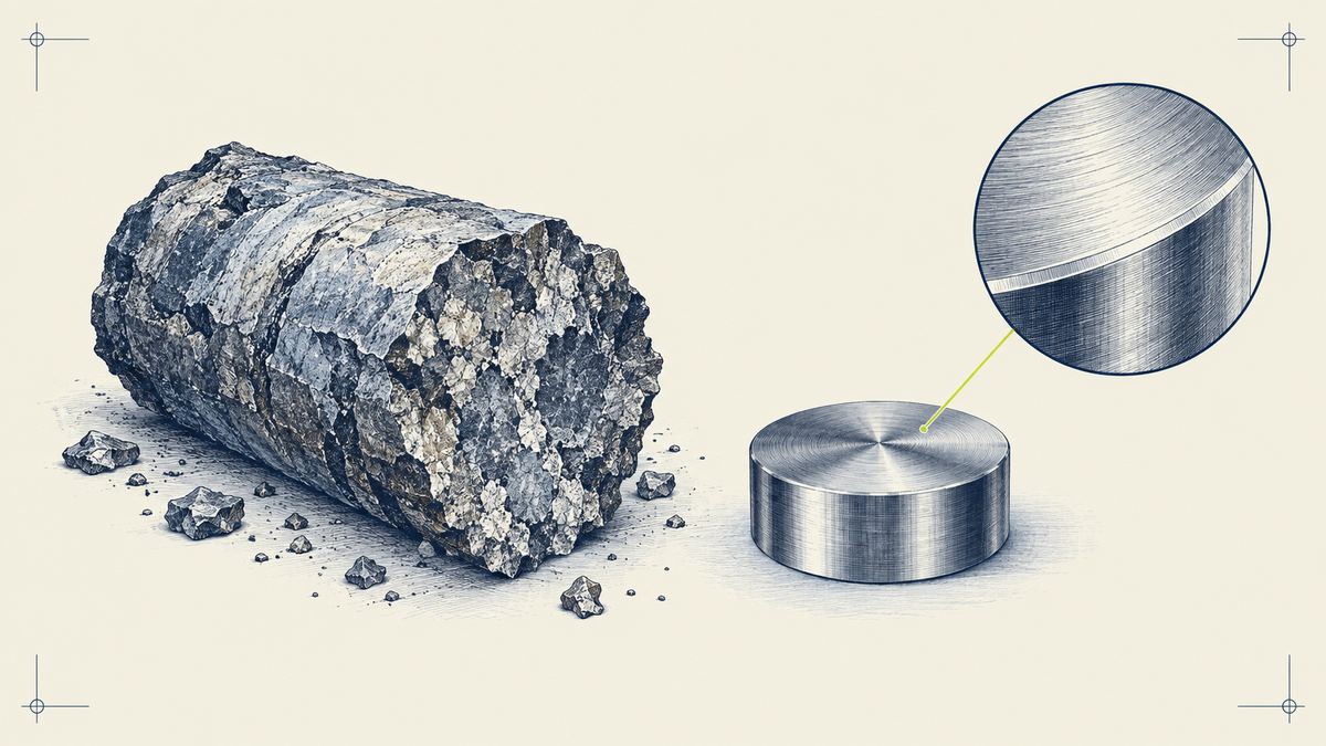 Fine-line GEB editorial illustration of mineral research and processing.