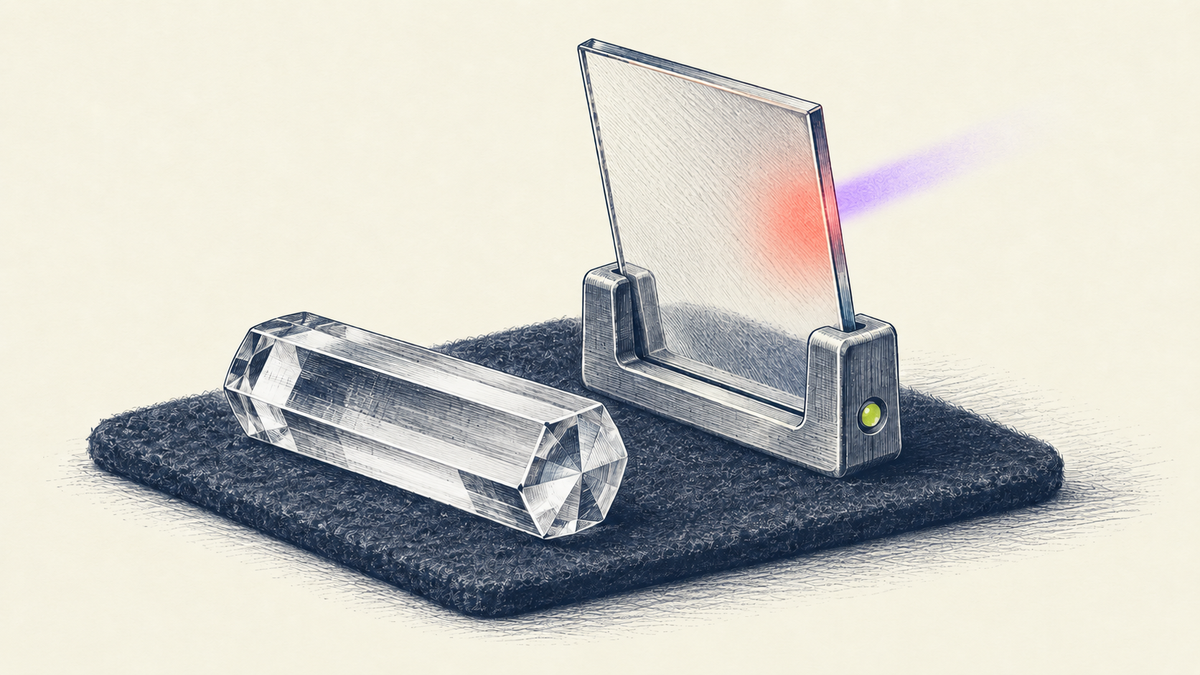 Illustrated optical crystal and plate with a confined red excitation patch