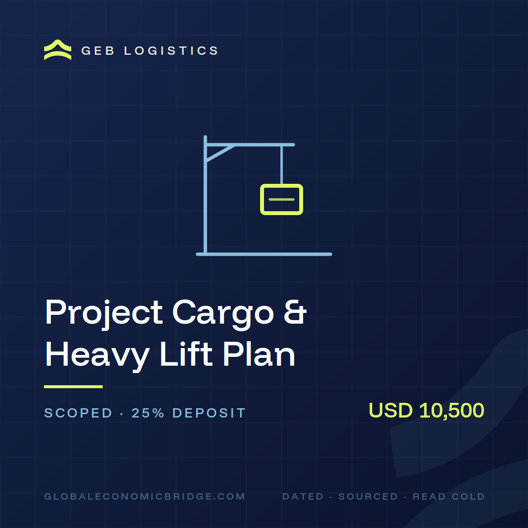 Project Cargo and Heavy Lift Plan product card, GEB Logistics, USD 10,500 scoped with 25 percent deposit