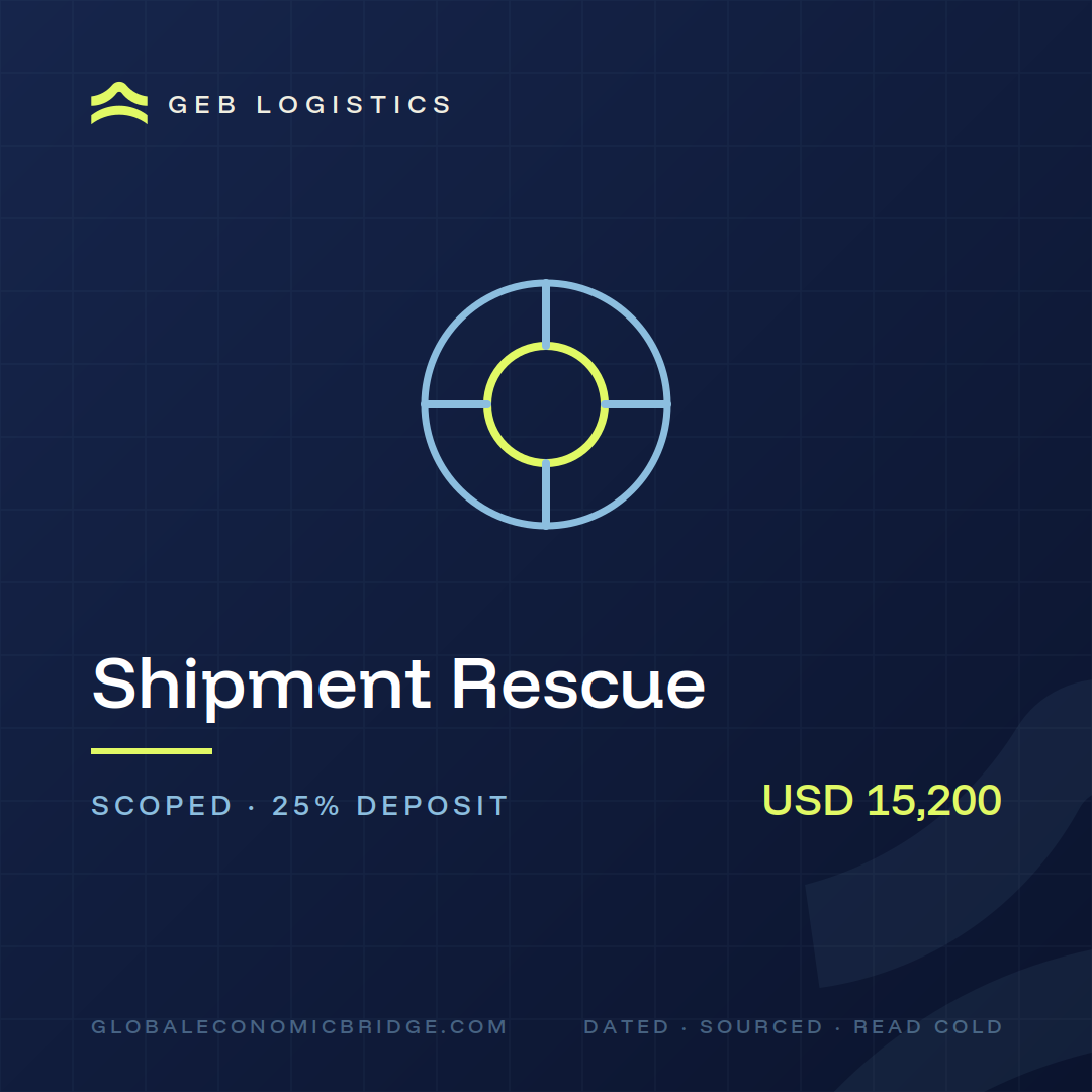 Shipment Rescue product card, GEB Logistics, USD 15,200 scoped with 25 percent deposit
